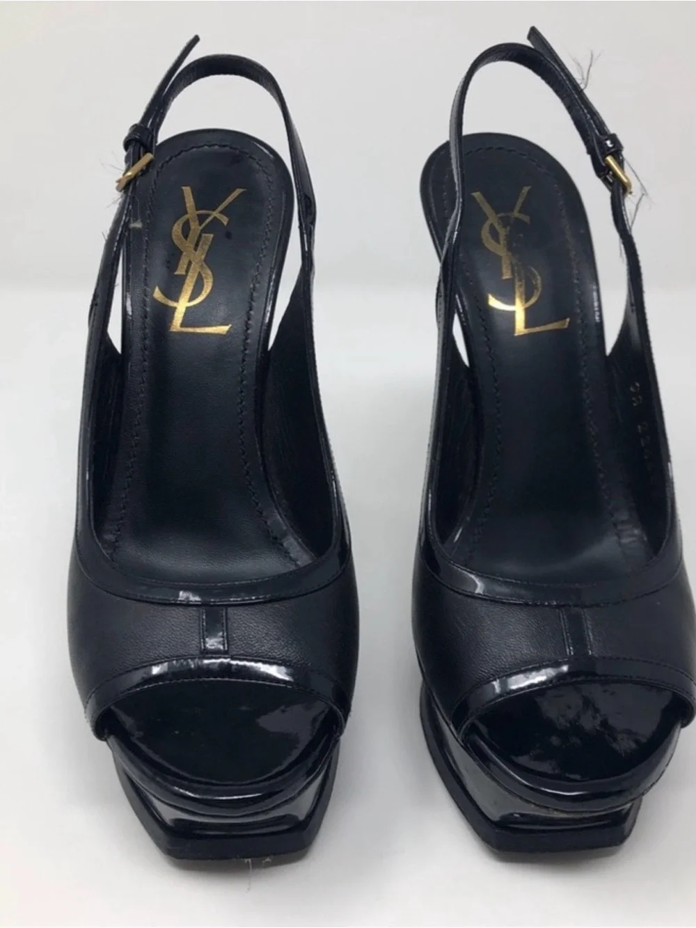 Yves Saint Laurent Black Patent & Leather Peep-Toe Slingback Heels